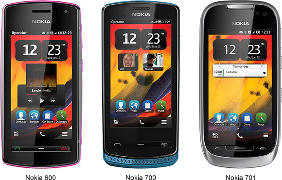 Nokia 600, Nokia 700, Nokia 701 running Symbian Belle