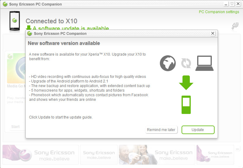 Xperia X10 update. Software available